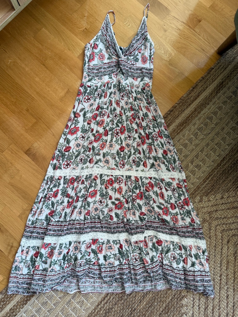 Angie Cream Maxi Skirt with Red Floral Print